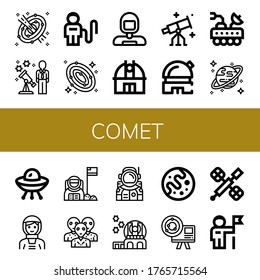 Set of comet icons. Such as Space, Stargazing, Astronaut, Galaxy, Observatory, Moon rover, Uranus, Ufo, Alien, Mars, Astronomy, Space station , comet icons