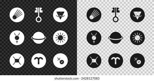 Set Comet, Old magic key, Earth element, Gemini zodiac, Aries, Venus symbol, Symbol Mercury and Planet Saturn icon. Vector