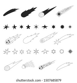 Set of comets, falling stars and meteors. Shooting rocks and space sparkles.