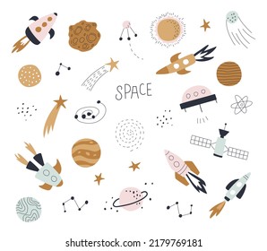 
Está rodeado de cometas, cohetes, planetas y estrellas. Ilustraciones vectoriales