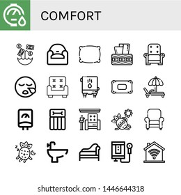 Set of comfort icons such as Water heater, Umbrella, Armchair, Pillow, Tissue box, Sleeping, Deck chair, Airbed, Sunbathing, Bidet, Divan, Domotics , comfort
