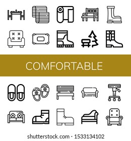 Set of comfortable icons. Such as Dinning table, Armchair, Mattress, Pillow, Fabric, Boots, Bench, Slippers, Sofa, Snow boots, Boot, Divan, Stool , comfortable icons