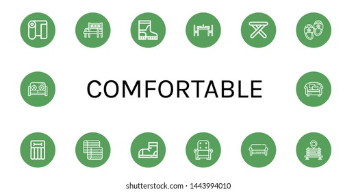 Set of comfortable icons such as Fabric, Bench, Boots, Dinning table, Stool, Slippers, Airbed, Mattress, Snow boots, Armchair, Sofa , comfortable