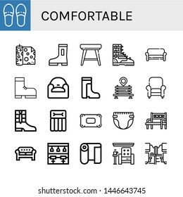 Set of comfortable icons such as Slippers, Fabric, Boots, Stool, Boot, Sofa, Armchair, Bench, Airbed, Pillow, Diaper, Bar stool, Office desk , comfortable