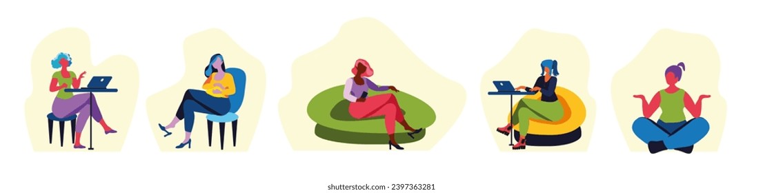The set is a comfortable workplace for a girl. Remote work and relaxation. Vector illustration