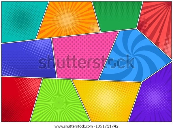 Set of comic\
background.\
Comic book page template of colorful frames divided by\
lines with rays, radial, halftone, and dotted effects. Vector\
illustration in pop art\
style