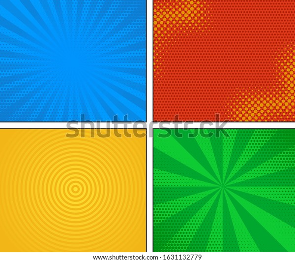Set of comic\
background. Comic book page template of different frames divided by\
lines with rays, radial, halftone, and dotted effects. Vector\
illustration in pop art\
style