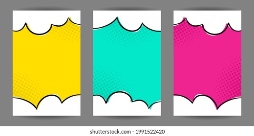 Set of Comic banners. Cartoon text frame on a cloud background. Pop art Template for web design, banners, cards, coupons and posters. Vector illustration for for announcements, parties or sales.
