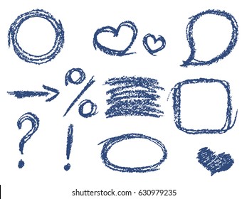 Set Of Comic Blue Design Elements. Crayon Chalk Hand Drawn Frame, Heart, Speech Bubble, Arrow, Question Mark, Percent Sign, Exclamation Mark. Group Of Funny Vector Copy Space.