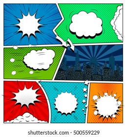 Set of comic book design elements in pop-art style. Vector illustration with empty speech bubbles, clouds, night city, arrows, stars, halftone, radial and dotted backgrounds