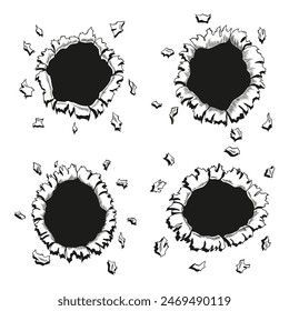 Conjunto de agujeros de libro de historietas en estilo de colorear. El papel de Vector se rompe a través de la explosión. Haga un círculo en el centro sobre fondos de color. Fondos de pantalla de Plantilla o volante de portada estilo comics