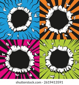 Conjunto de agujeros de cómic. El papel de Vector se rasga a través de la explosión del auge. Agujeros de círculo en el medio sobre fondos de color. Fondos de pantalla de Plantilla de portada o volante de estilo de cómics