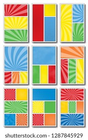 set of comic book page templates with three, four and five panels. colorful backgrounds for scenes and speech bubbles with halftone dotted background and radial lines