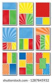 set of comic book page templates with three, four and five panels. colorful backgrounds for scenes and speech bubbles with halftone dotted background and radial lines