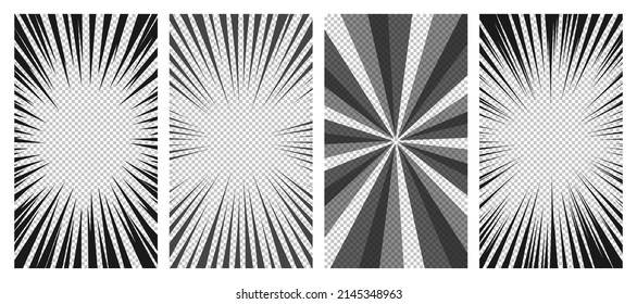 Set of comic book pages with black lines isolated on transparent background. Template with flash explosion rays effect texture. Vector illustration