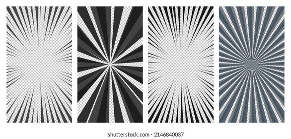 Conjunto de páginas de historietas con líneas negras aisladas en fondo transparente. Plantilla con la textura de efecto de los rayos de explosión de flash. Ilustración del vector