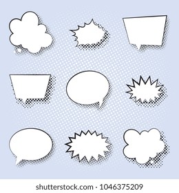set of comic book speech bubbles on background with halftone dots