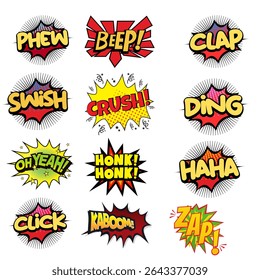 Set of comic book speech bubbles, cartoon explosion effects, funny dialogue clouds, expressive thinking bubbles, and graphic text elements. Vector illustration featuring emotional comic-style bubbles 