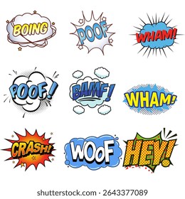 Set of comic book speech bubbles, cartoon explosion effects, funny dialogue clouds, expressive thinking bubbles, and graphic text elements. Vector illustration featuring emotional comic-style bubbles 