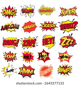 Set of comic book speech bubbles, cartoon explosion effects, funny dialogue clouds, expressive thinking bubbles, and graphic text elements. Vector illustration featuring emotional comic-style bubbles 