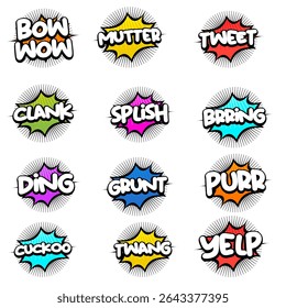 Set of comic book speech bubbles, cartoon explosion effects, funny dialogue clouds, expressive thinking bubbles, and graphic text elements. Vector illustration featuring emotional comic-style bubbles 