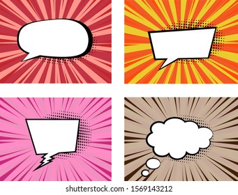 Set Of Comic Book With Sunshine Background With Blank White Speech Bubbles of Different Shapes In Pop-Art Style. For Web Banners, Posters, Cards, Wallpapers, Halftone. 