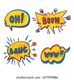 Set of comic bubble speech for cartoon text. Oh, Wow, Boom, Bang lettering. Hand drawn vector illustration, design, elements, greeting card, logo