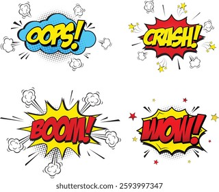 Set of comic bubble speech clouds. Onomatopoeia. Cartoon oops, crash, wow, bang, pow, snap, omg, yeah, wtf and cool comic sign vector set