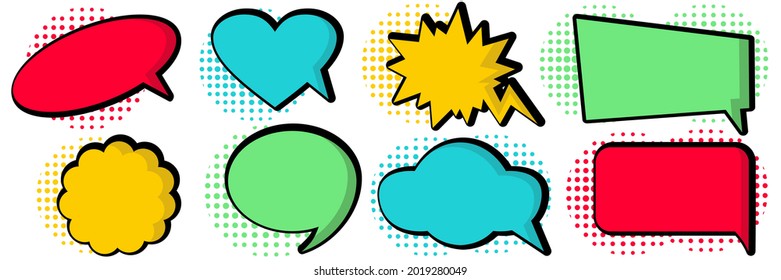 A set of comic bubbles and elements with colored halftone shadows