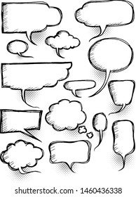 A set of comic bubbles and elements with halftone shadows. Comic dialog empty cloud, space text