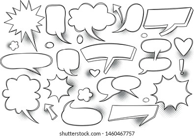 A set of comic bubbles and elements with halftone shadows. Comic dialog empty cloud, space text. Creative idea conversation comics book sketch explosion.Retro empty comic bubbles and elements set with