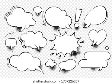 A set of comic bubbles and elements with halftone shadows