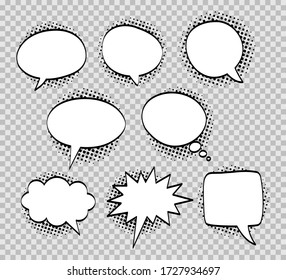 A set of comic bubbles and elements with halftone shadows on transparent background vector illustration eps 10