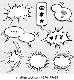 A set of comic bubbles and elements with halftone shadows. Vector file is organized with layers, with every element isolated on it's own, properly labeled layer.