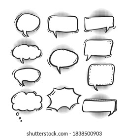 A set of comic bubbles and elements with halftone shadows.