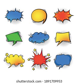 A set of comic bubbles and elements with halftone shadows