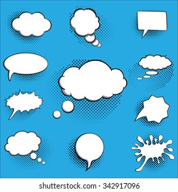 A set of comic bubbles and elements with halftone shadows.