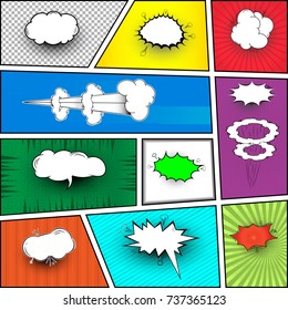 A set of comic bubbles and elements with halftone shadows.