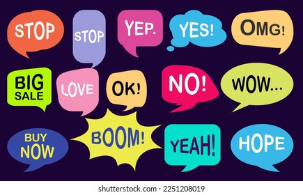 A set of comic bubbles and elements, speech baloon with diferrent text.