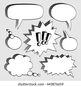 Set of comic bubbles. Exclamation marks. Halftone shadows. Vector illustration.