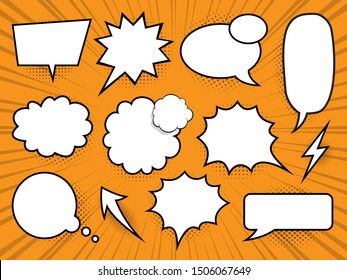 Set of comic bubbles speech. Halftone shadows and speed line effect background. Vector illustration