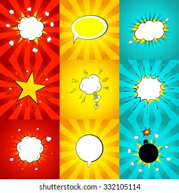 Set of comic bursts in pop art style. Vector illustration. Decorative set of backgrounds with bomb explosive.