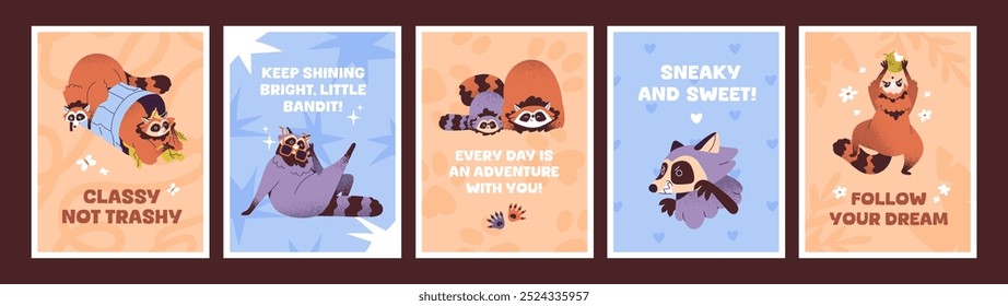 Set of comic cards with cute raccoons. Postcards with adorable racoons in trash can and funny phrase. Posters with happy baby animal, amusing forest characters playing. Flat vector illustrations