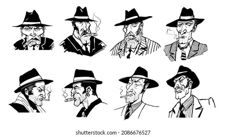 Set of comic caricatures of gangster  - vector illustration 