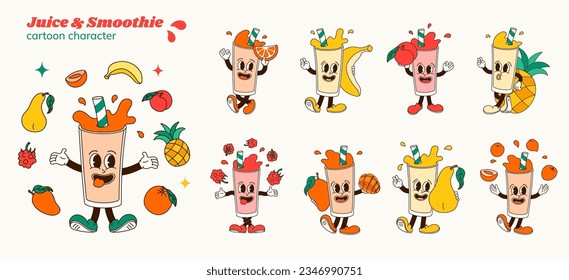 Conjunto de personajes cómicos de naranja, banana, albaricoque, piña, frambuesa, mango, limo de pera o jugo. Ilustración vectorial aislada del cóctel de mascotas de dibujo manual en estilo retro