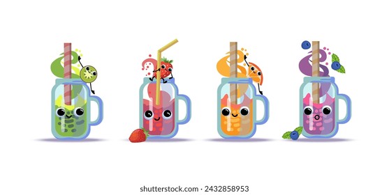 Set of comic cartoon characters of orange, kiwi, strawberry, blueberry smoothie or juice. Isolated vector illustration