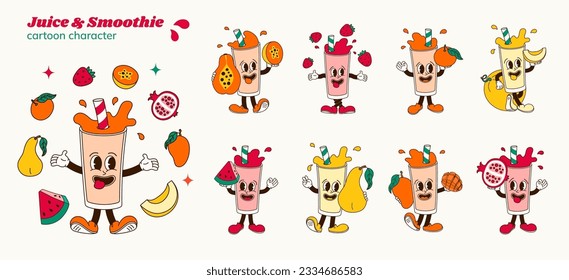 Set of comic cartoon characters of papaya, strawberry, tangerine, orange, melon, watermelon, pear, mango, pomegranate smoothie or juice. Isolated vector illustration of mascots cocktail in retro style