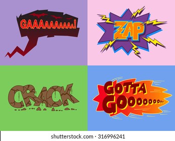 Set of comic cartoon stickers and speech bubble Ga, Zap, Crack, Gotta Goo