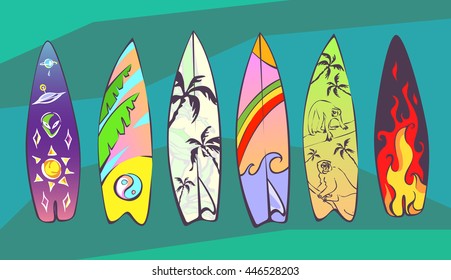 Set of comic cartoon surfboards with original design. Vector illustrations for summer vacation design.