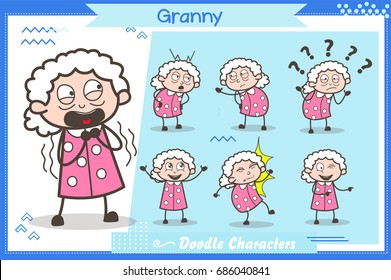 Set of Comic Character Granny Expressions Vector Illustrations